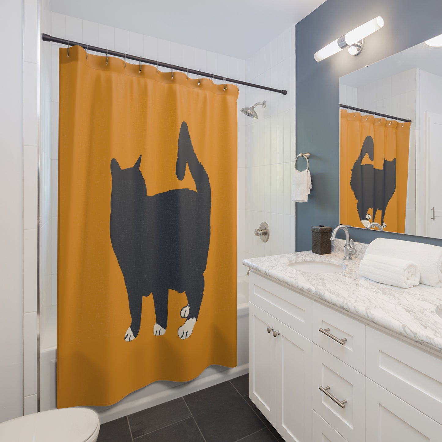 Cat in Yellow Shower Curtains