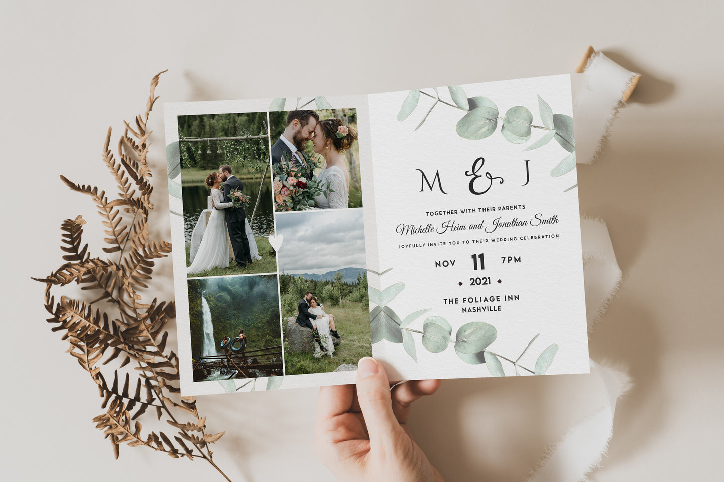 Eucalyptus Wedding Photo Invitation Cards